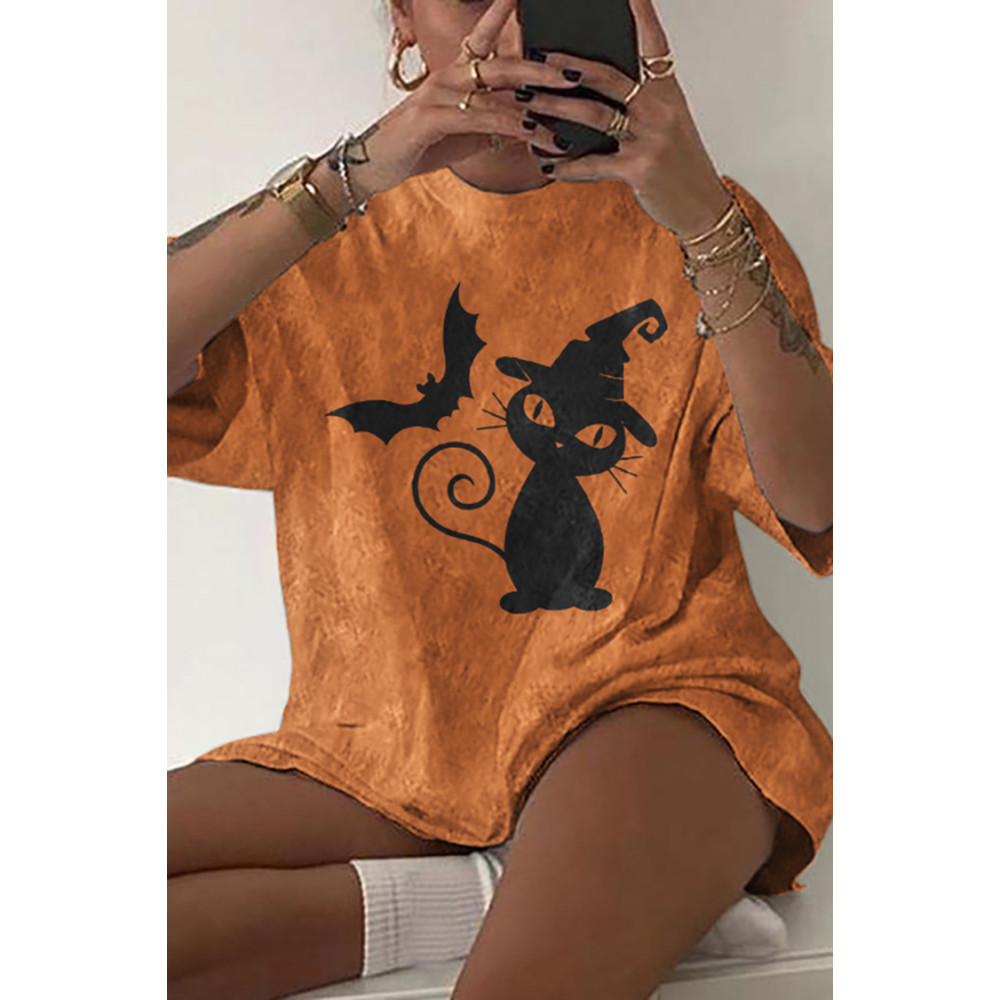 Cat Bat Print Short Sleeve T-Shirt