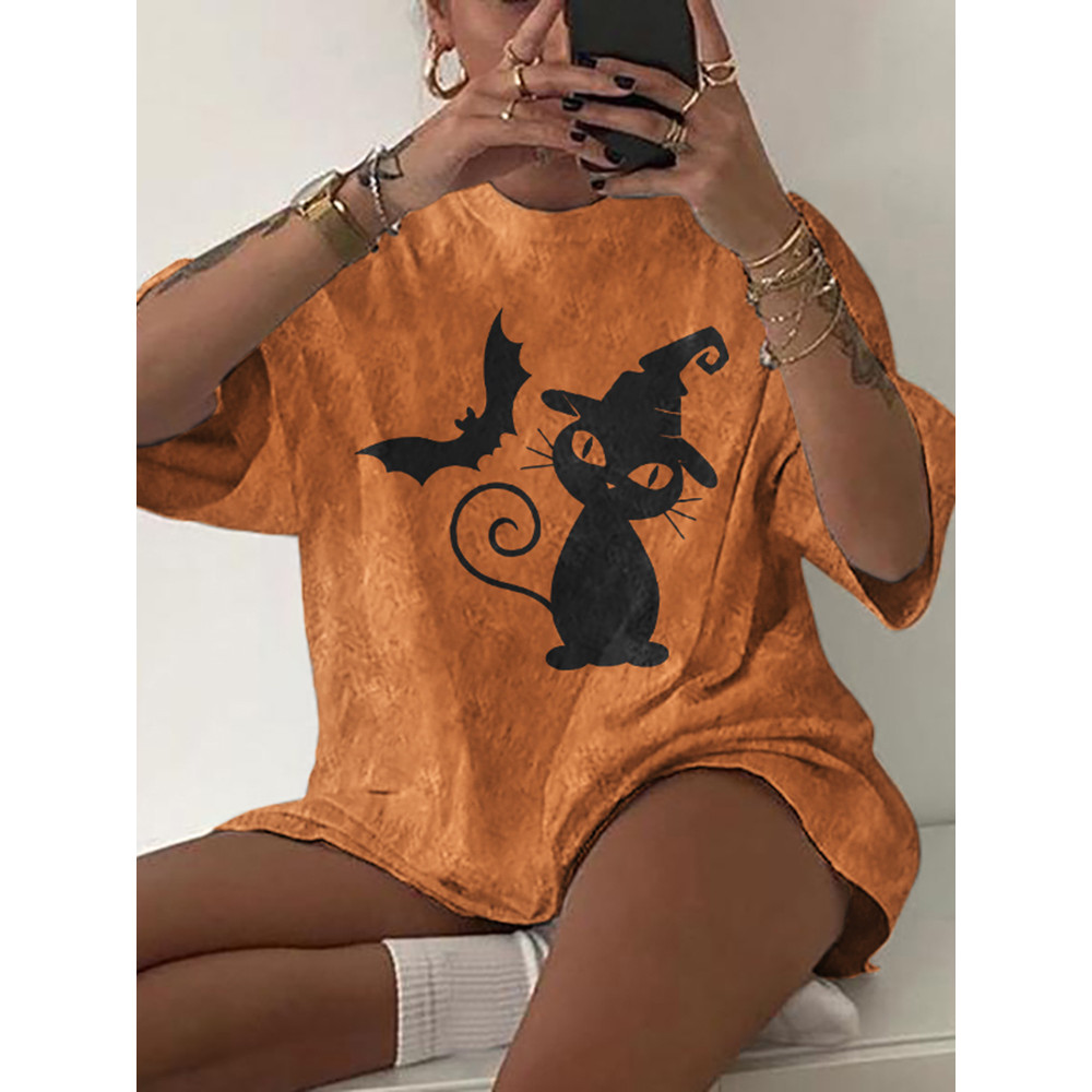 Cat Bat Print Short Sleeve T-Shirt