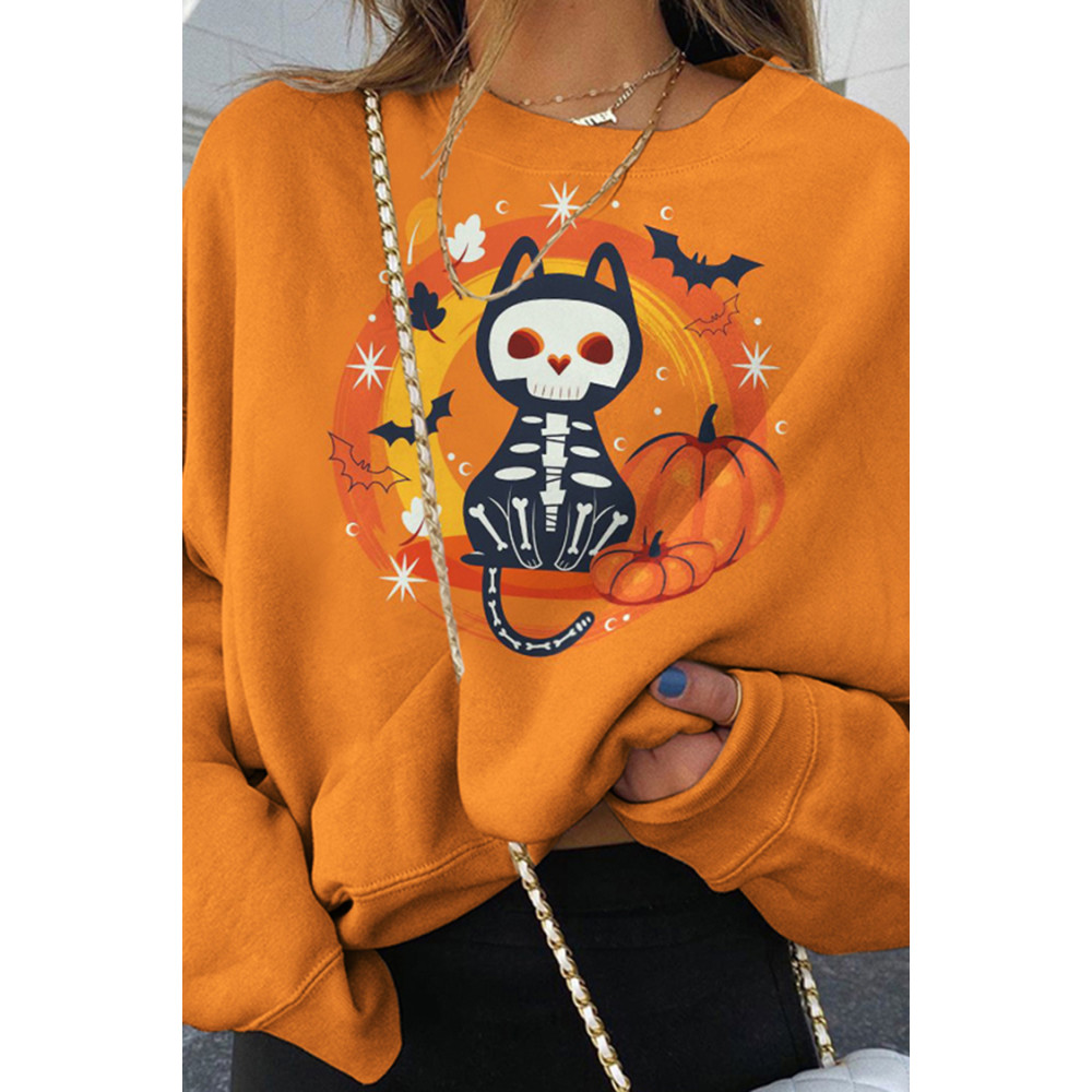 Cat Bat Pumpkin Print Crew Neck Sweatshirt