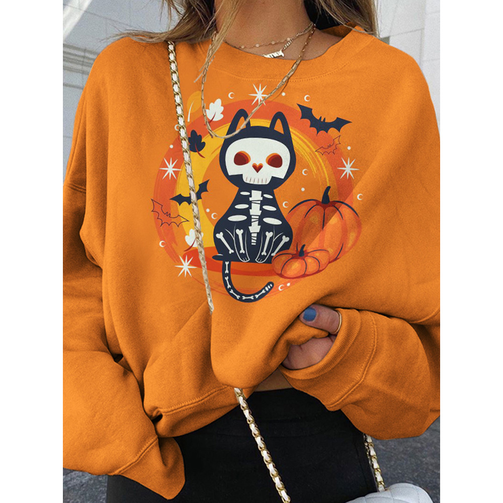 Cat Bat Pumpkin Print Crew Neck Sweatshirt