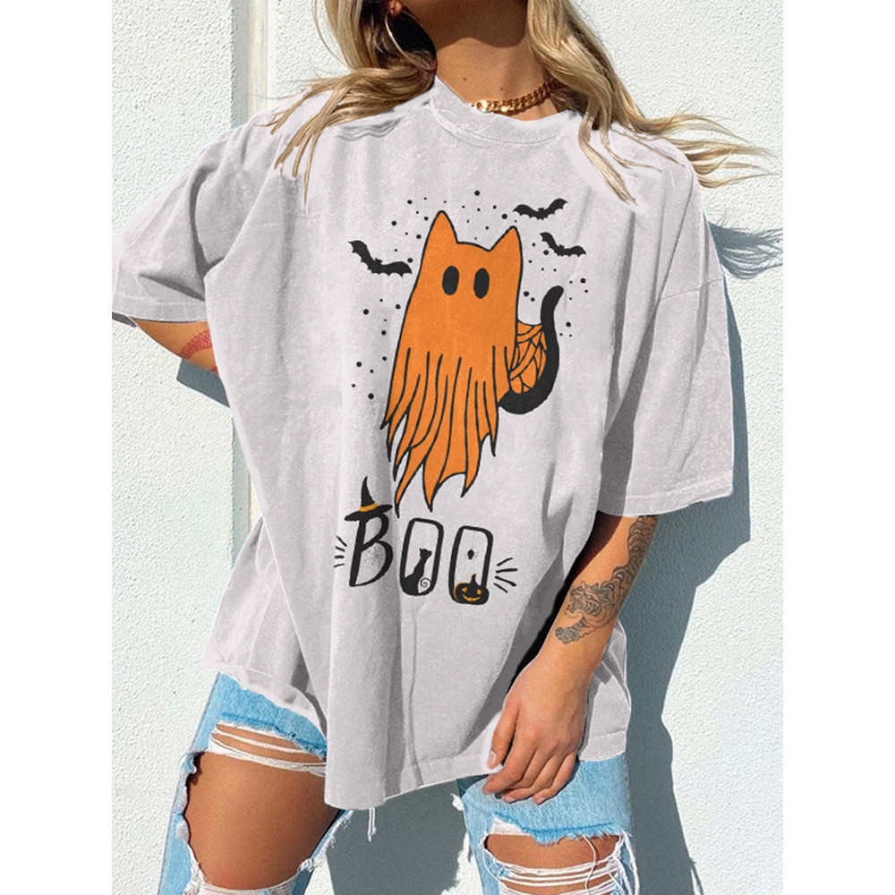 Cat Boo Print Short Sleeve T-Shirt