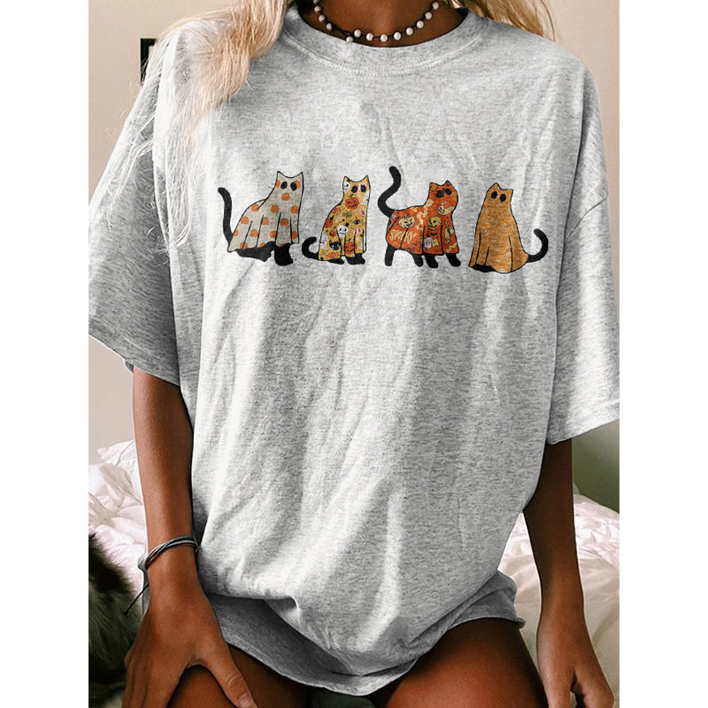 Cat Ghost Print Short Sleeve T-Shirt