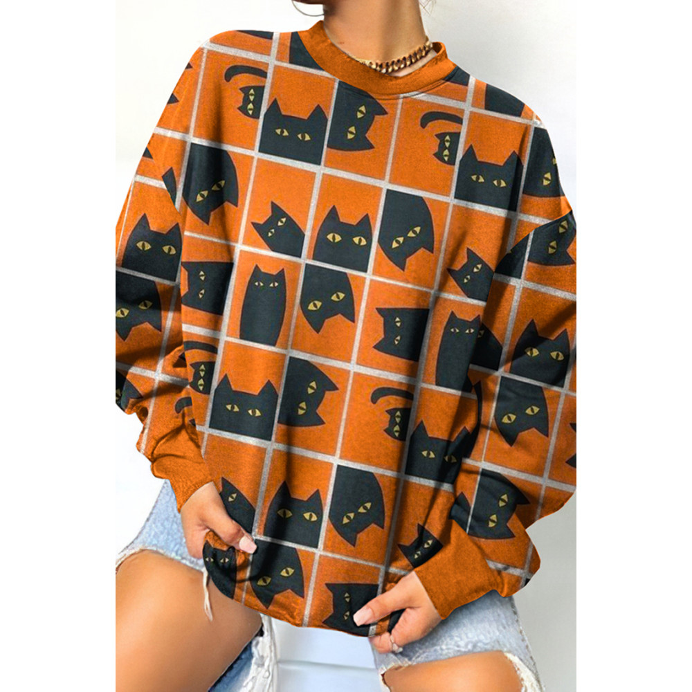 Cat Halloween Print Crew Neck Sweatshirt