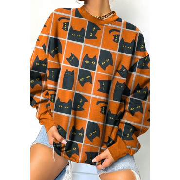 Cat Halloween Print Crew Neck Sweatshirt