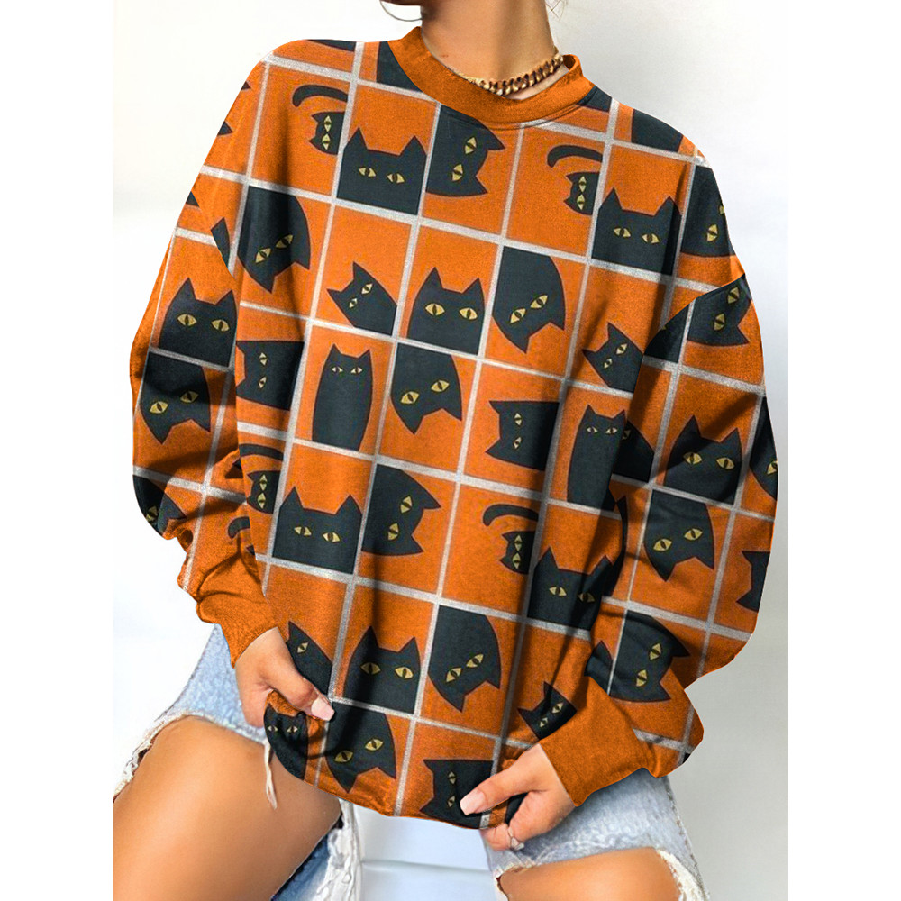 Cat Halloween Print Crew Neck Sweatshirt
