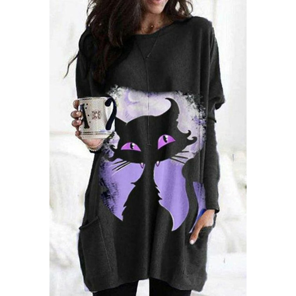 Cat Print Crew Neck Casual Tunic
