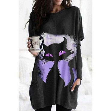 Cat Print Crew Neck Casual Tunic