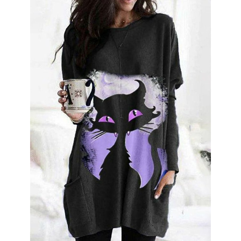 Cat Print Crew Neck Casual Tunic