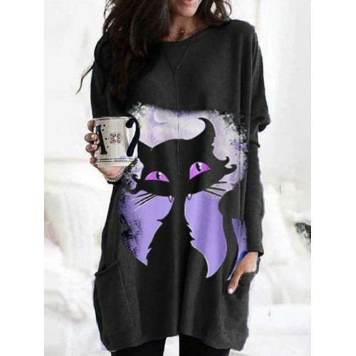 Cat Print Crew Neck Casual Tunic