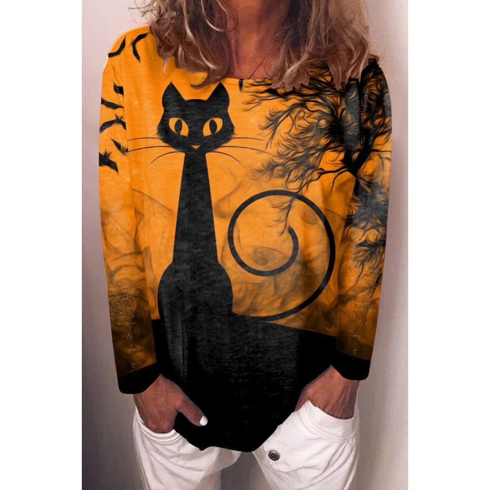 Cat Print Crew Neck Long Sleeve T-Shirt