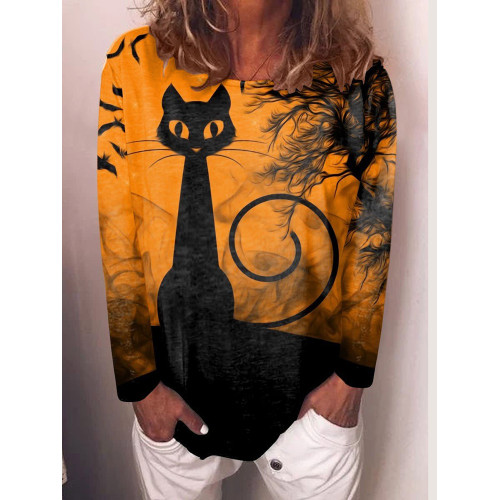 Cat Print Crew Neck Long Sleeve T-Shirt