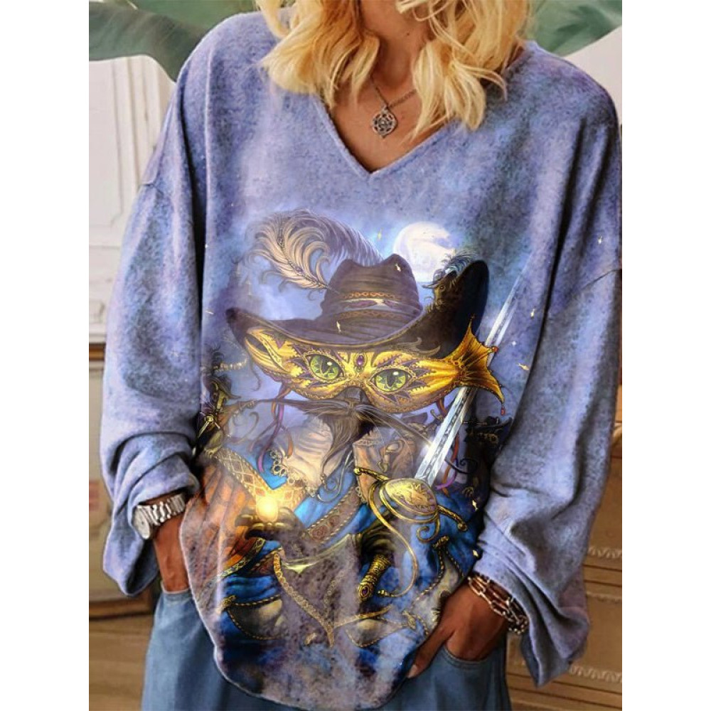 Cat Print V-Neck Long Sleeve Loose T-Shirt