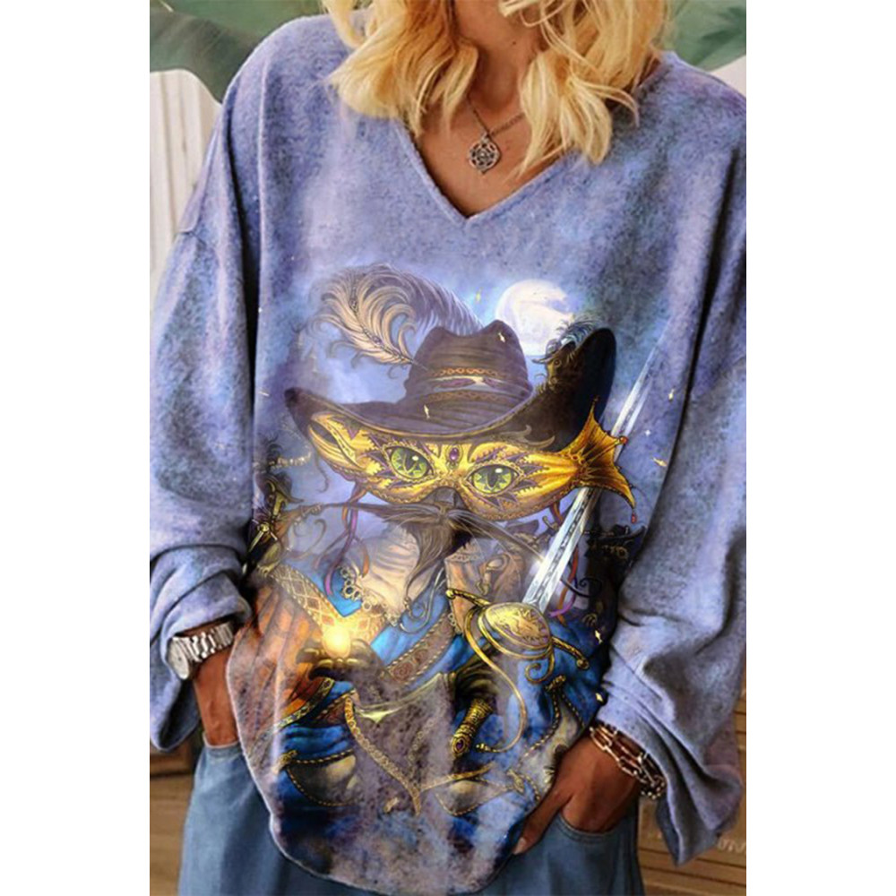 Cat Print V-Neck Long Sleeve Loose T-Shirt
