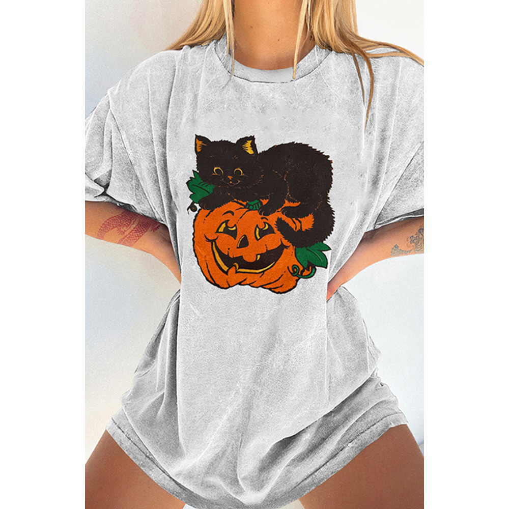 Cat Pumpkin Print Short Sleeve T-Shirt