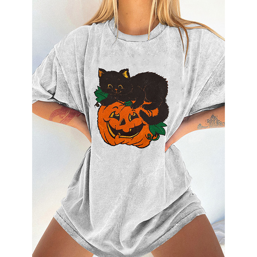 Cat Pumpkin Print Short Sleeve T-Shirt