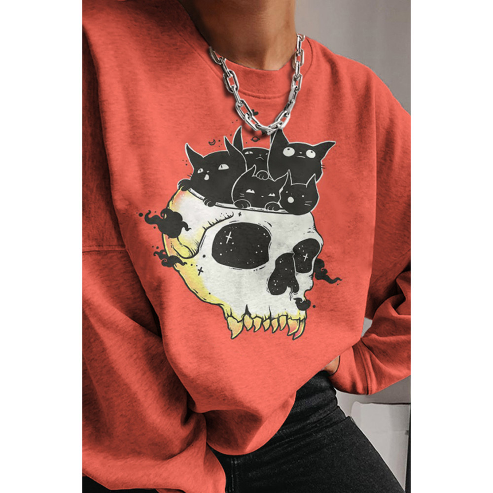 Cat Skull Print Crew Neck Sweatshirt