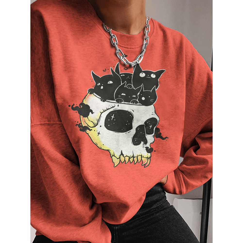 Cat Skull Print Crew Neck Sweatshirt