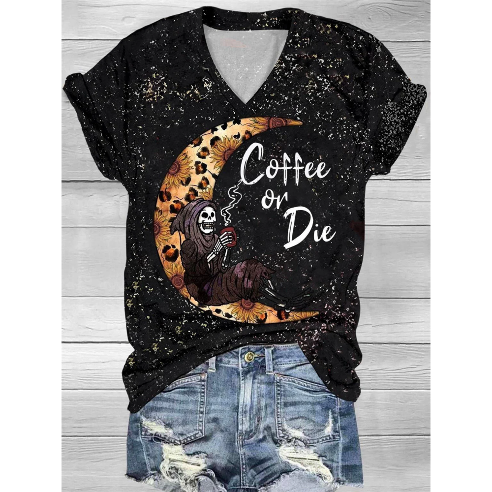 Coffee Or Die Skull Print V-Neck T-Shirt