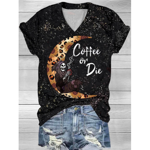 Coffee Or Die Skull Print V-Neck T-Shirt