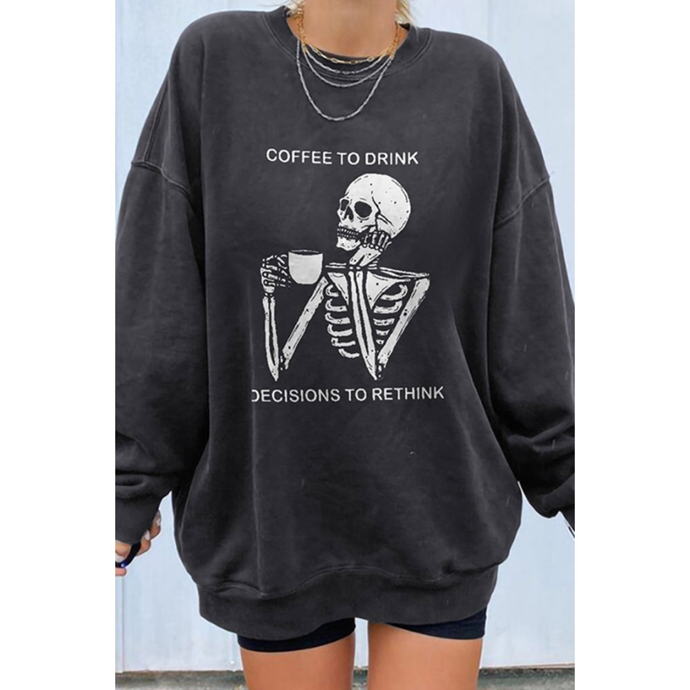 Coffee Skull Print Long Sleeve Casual Sweatshirt