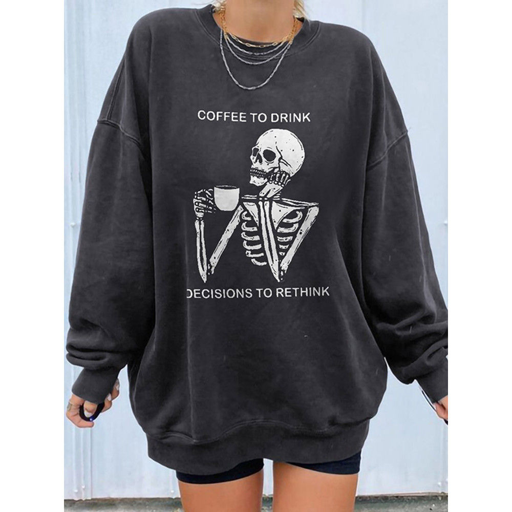 Coffee Skull Print Long Sleeve Casual Sweatshirt