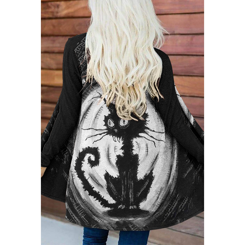 Contrast Cat Print Long Sleeve Cardigan
