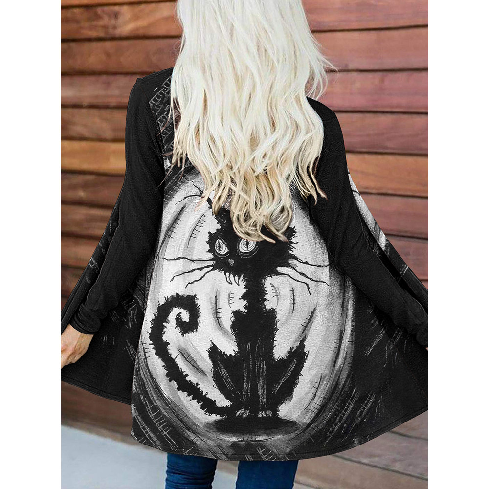 Contrast Cat Print Long Sleeve Cardigan
