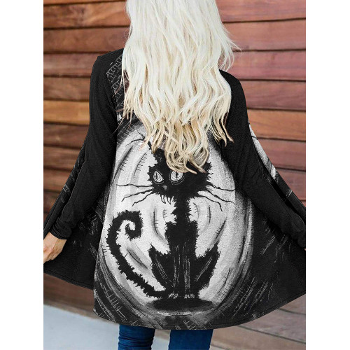 Contrast Cat Print Long Sleeve Cardigan