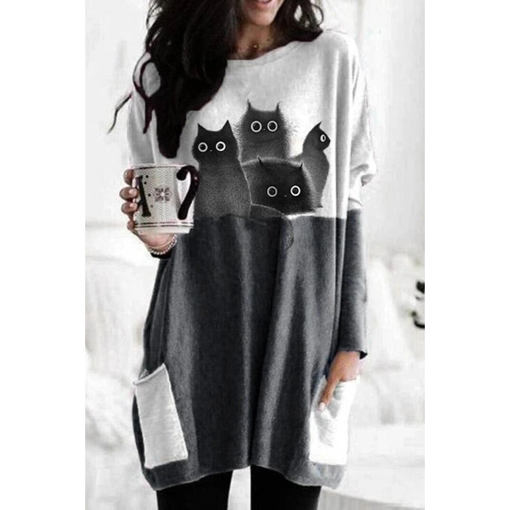 Contrast Panel Cat Print Long Sleeve Casual Tunic