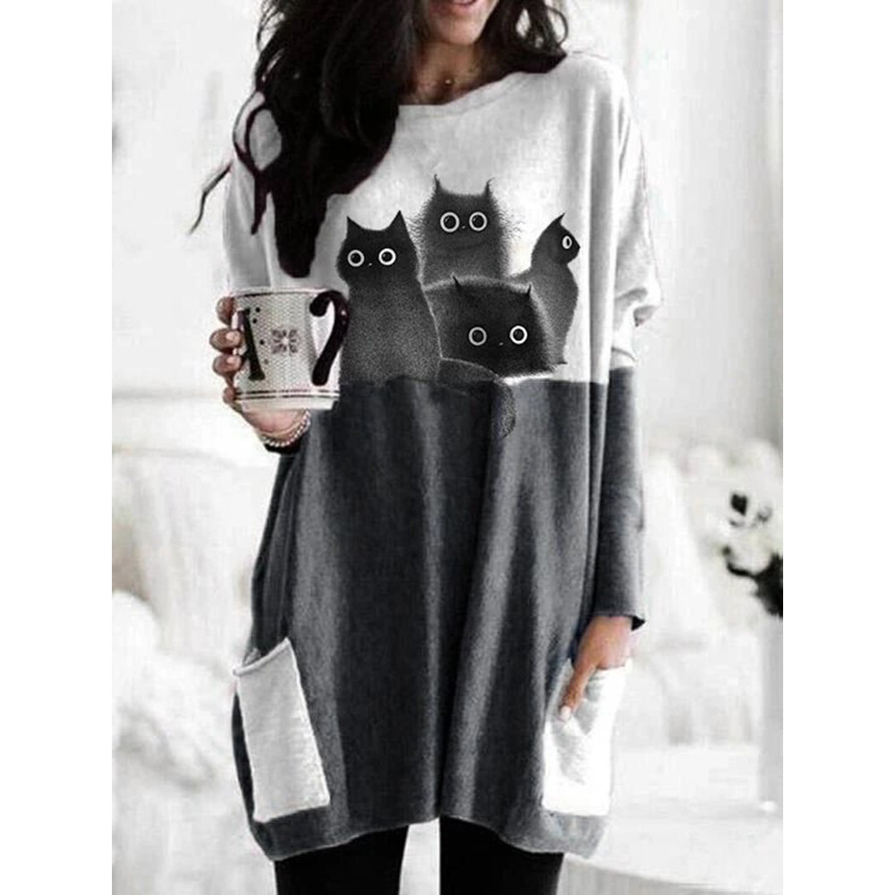 Contrast Panel Cat Print Long Sleeve Casual Tunic
