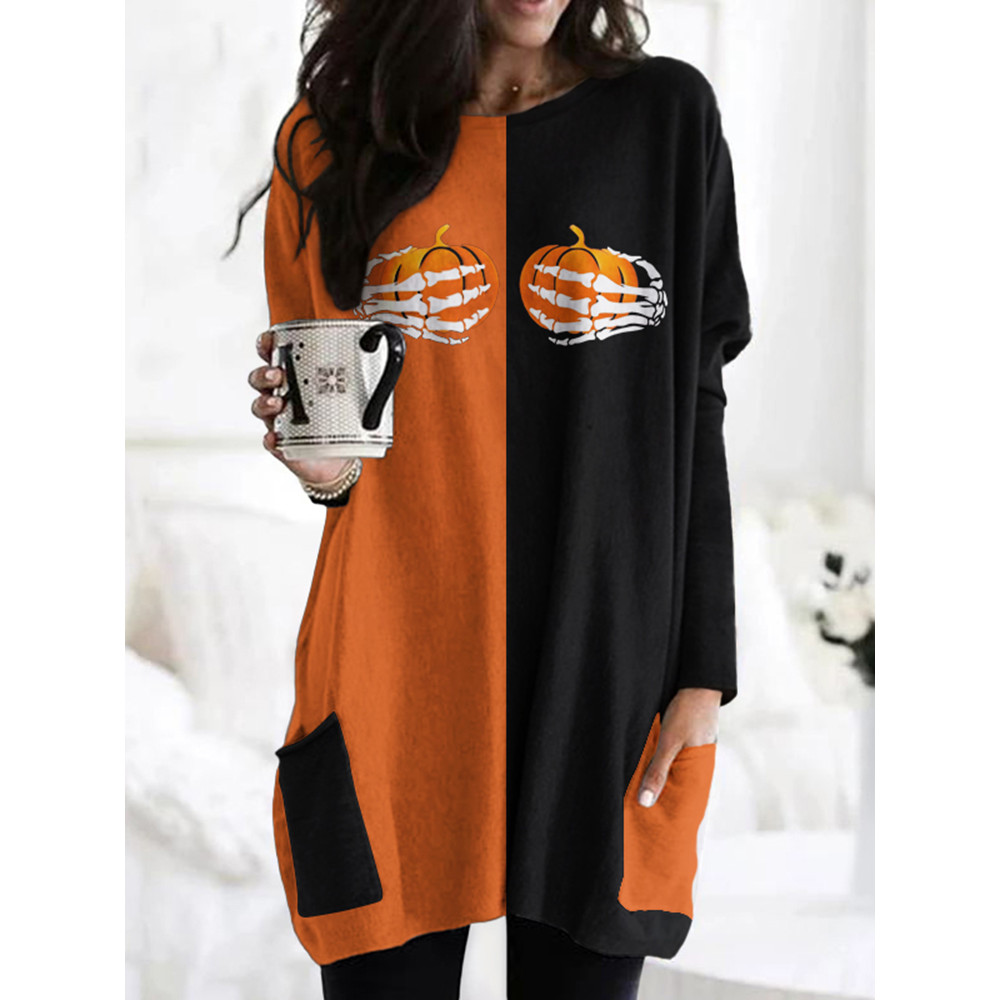 Contrasting Color Grunt Pumpkin Print Tunic