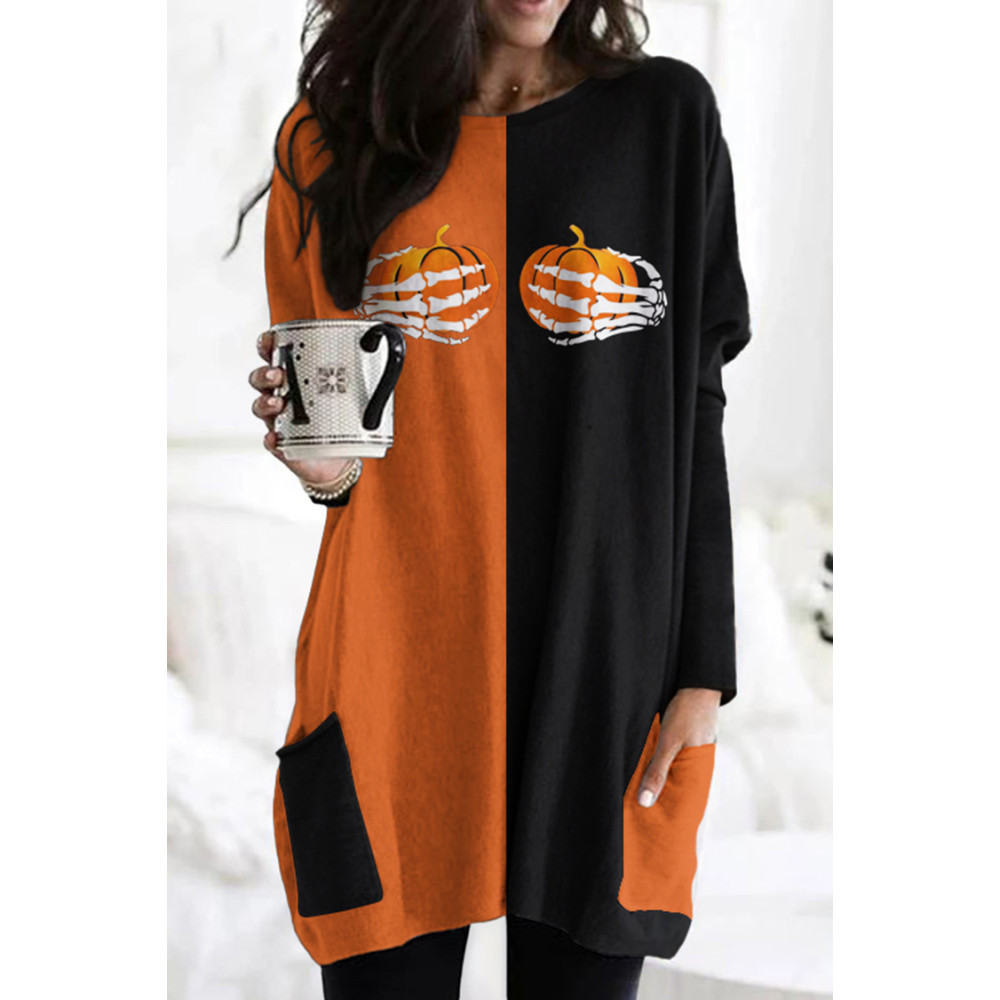 Contrasting Color Grunt Pumpkin Print Tunic