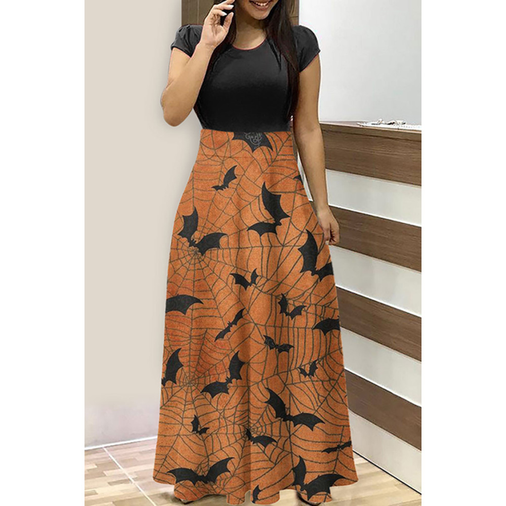 Crew Neck Halloween Bat Print  Maxi Dress