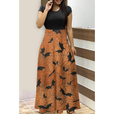 Crew Neck Halloween Bat Print  Maxi Dress