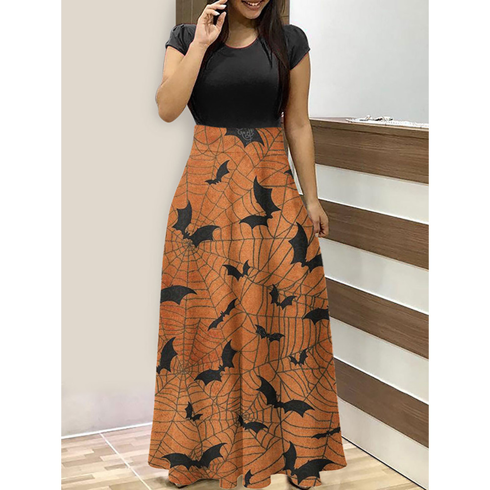 Crew Neck Halloween Bat Print  Maxi Dress