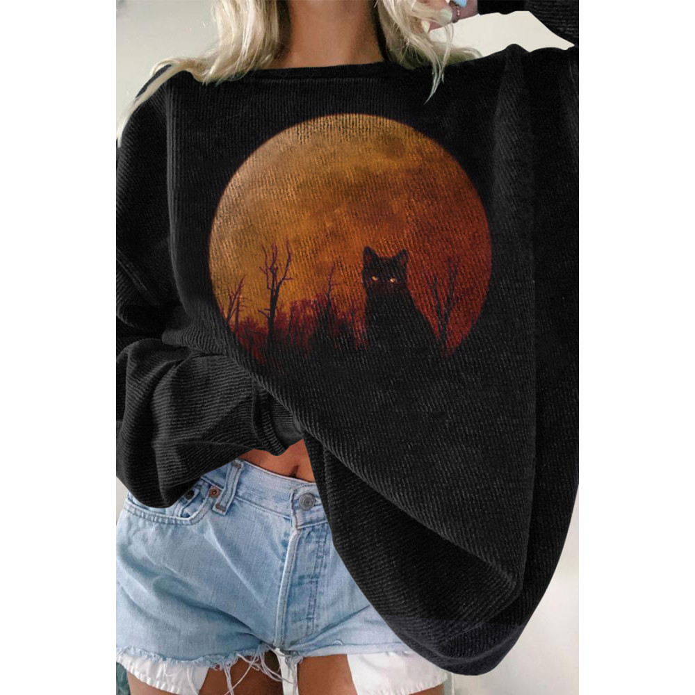Crew Neck Halloween Cat Print Sweatshirt