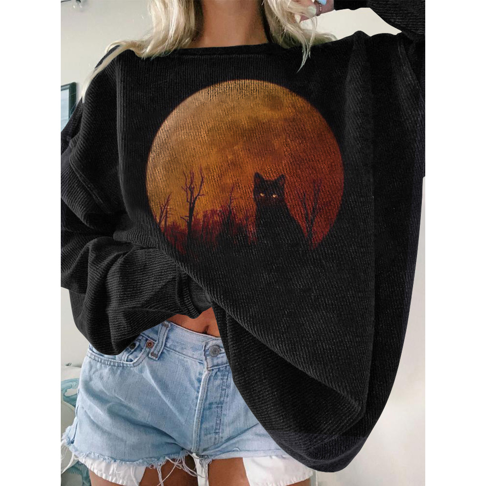 Crew Neck Halloween Cat Print Sweatshirt