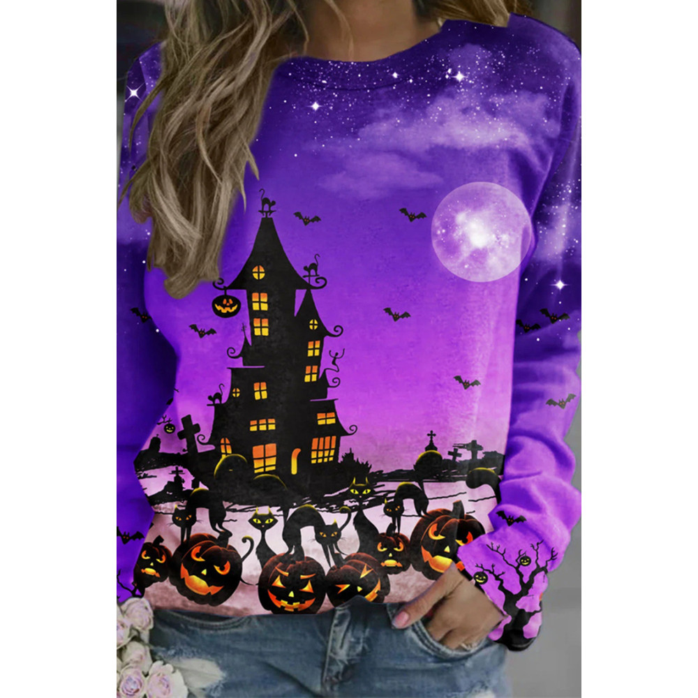 Crew Neck Halloween Cat Pumpkin T-Shirt