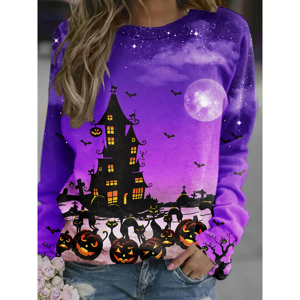 Crew Neck Halloween Cat Pumpkin T-Shirt