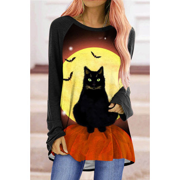 Crew Neck Halloween Cat Pumpkin Tunic