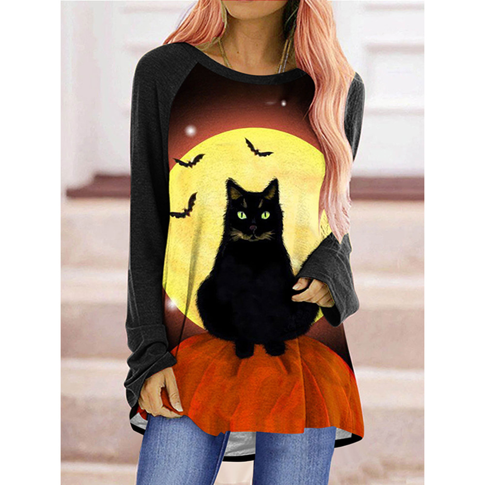 Crew Neck Halloween Cat Pumpkin Tunic