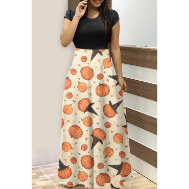 Crew Neck Halloween Pumpkin Print Maxi Dress