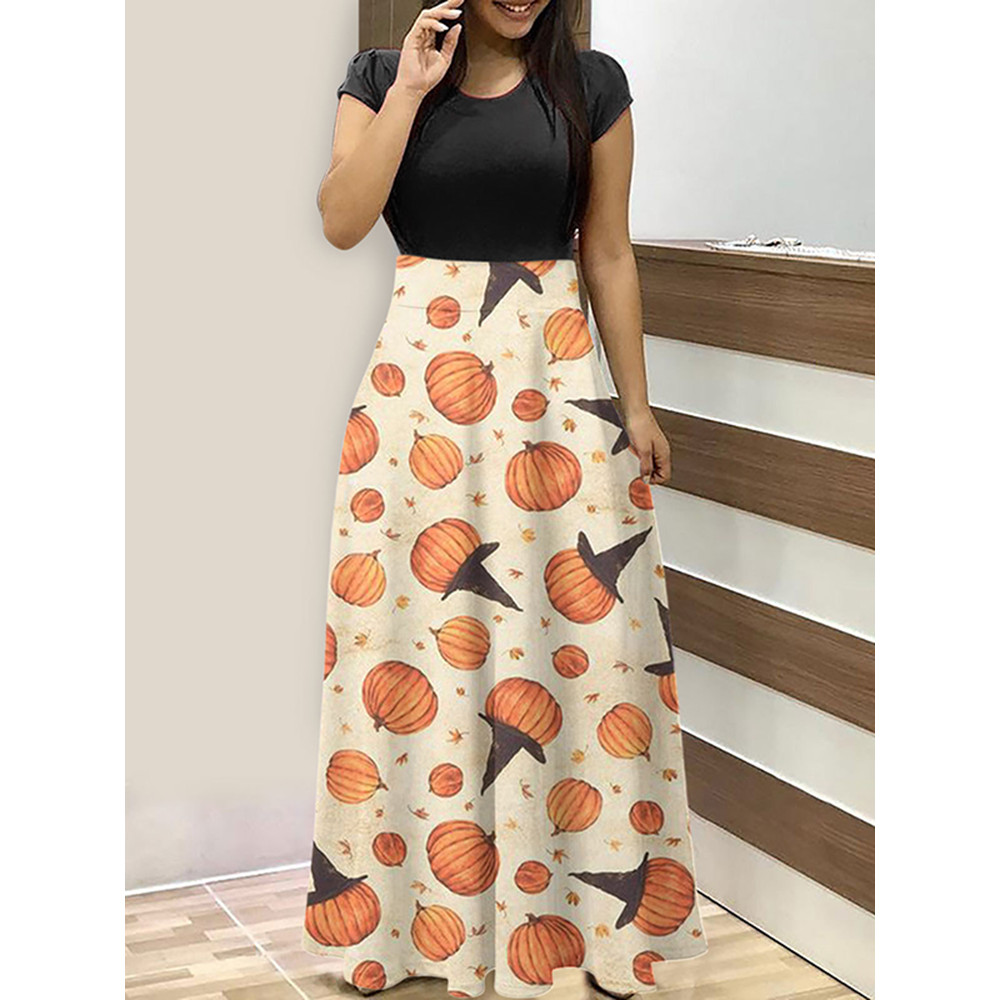 Crew Neck Halloween Pumpkin Print Maxi Dress