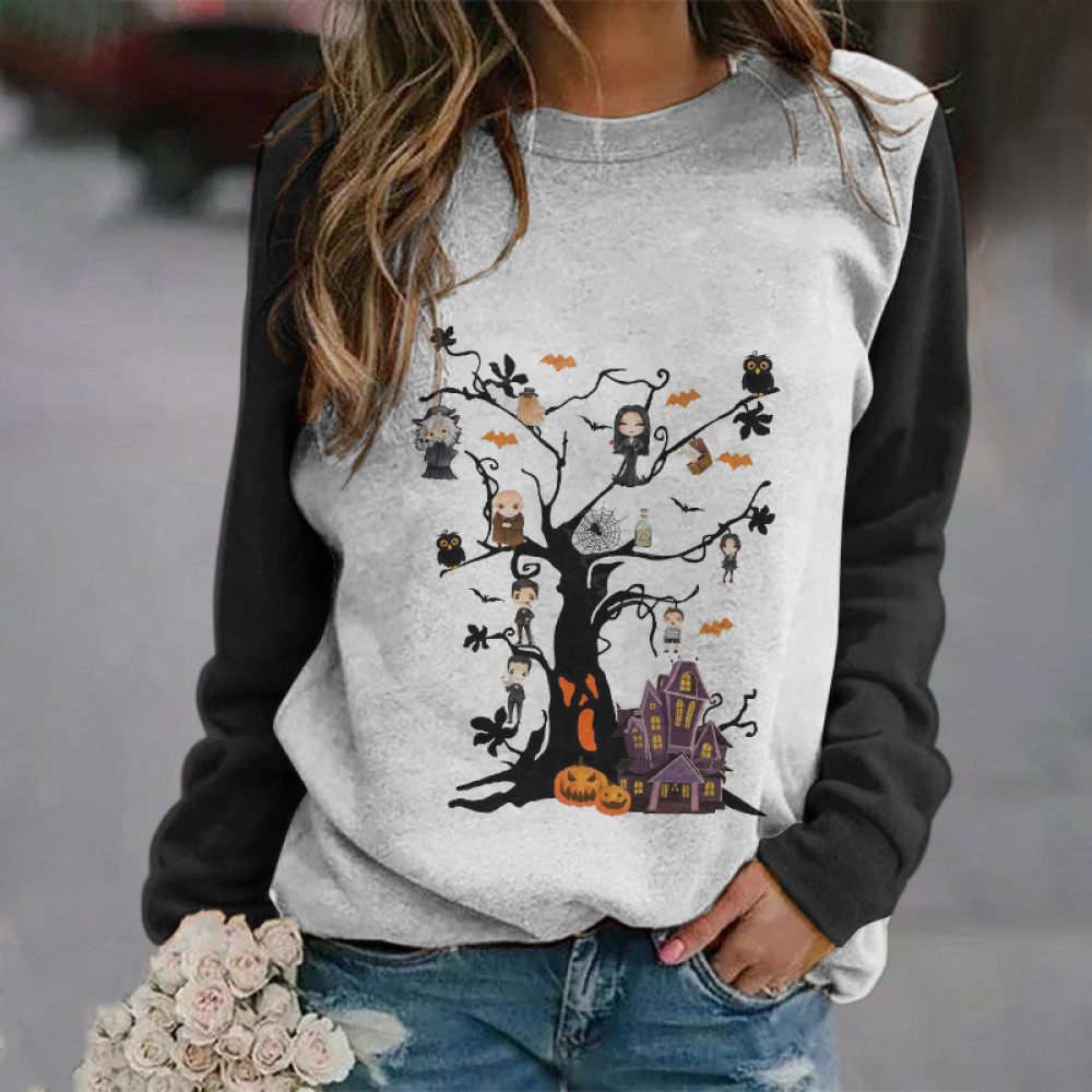 Crew Neck Halloween Tree Print Colorblock Sweatshirt