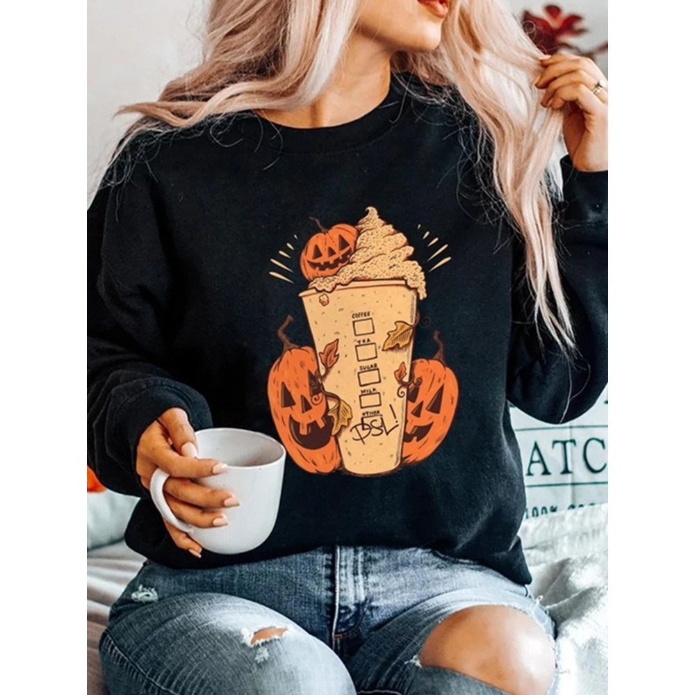 Crew Neck Long Sleeve Halloween Print Sweatshirt