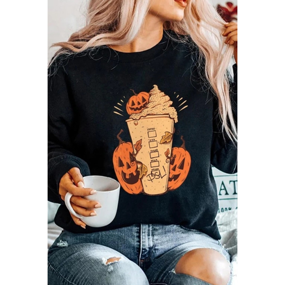 Crew Neck Long Sleeve Halloween Print Sweatshirt