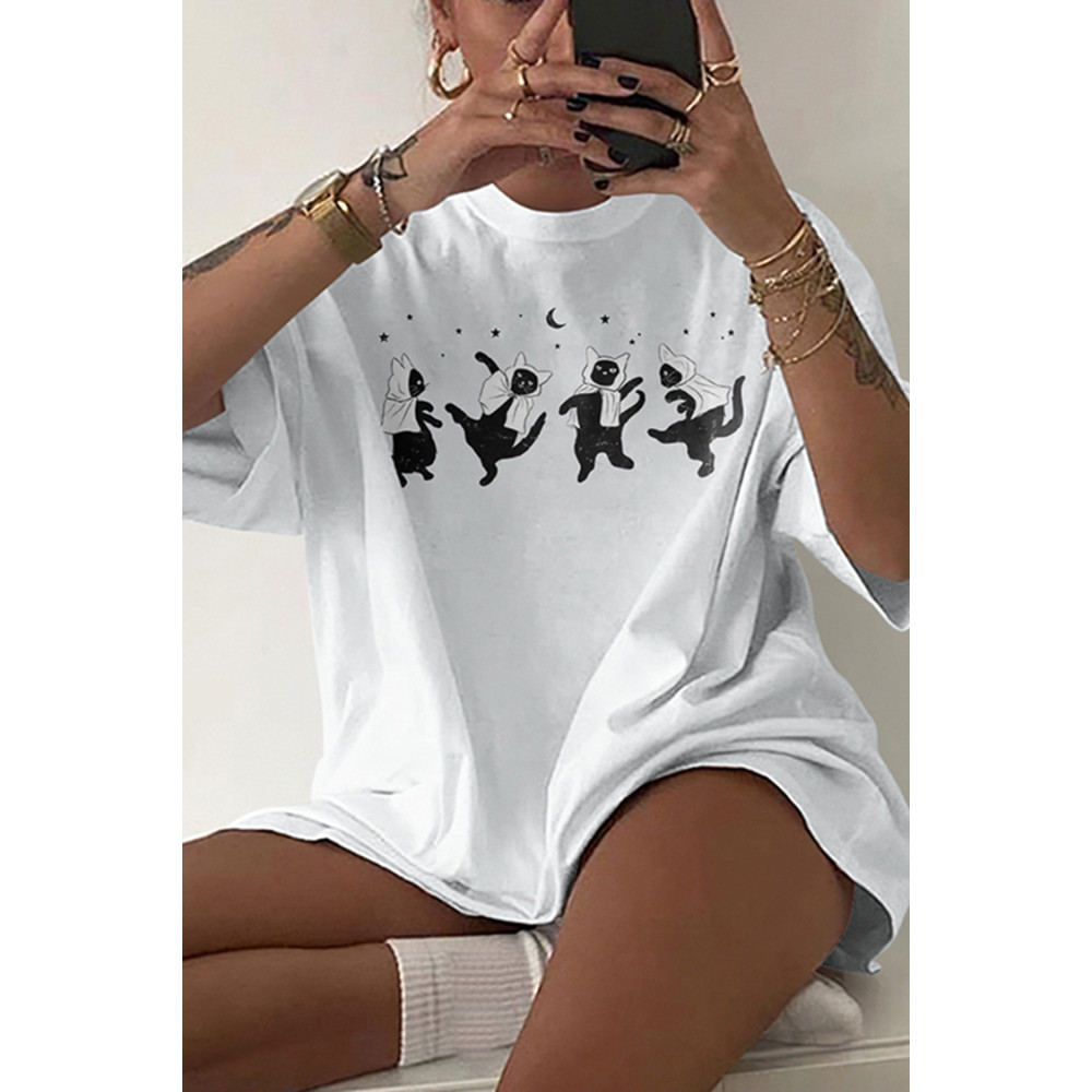 Dancing Cat Print Short Sleeve T-Shirt