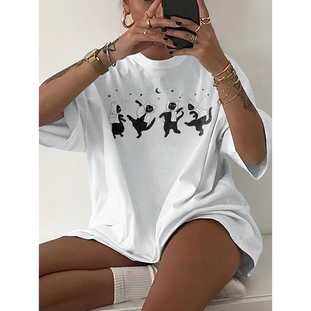 Dancing Cat Print Short Sleeve T-Shirt
