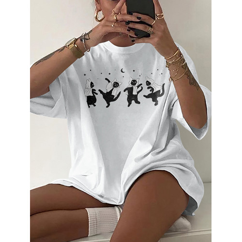 Dancing Cat Print Short Sleeve T-Shirt
