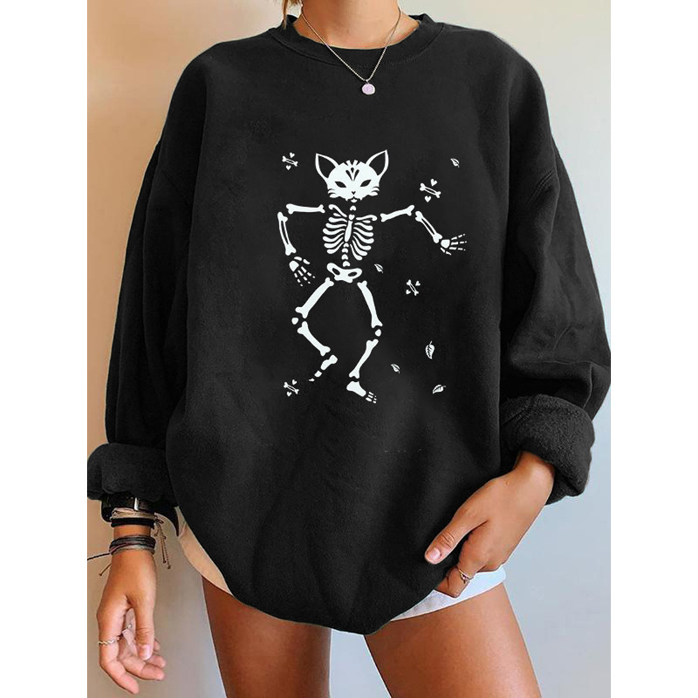 Dancing Skull Cat Print Sweatshirt